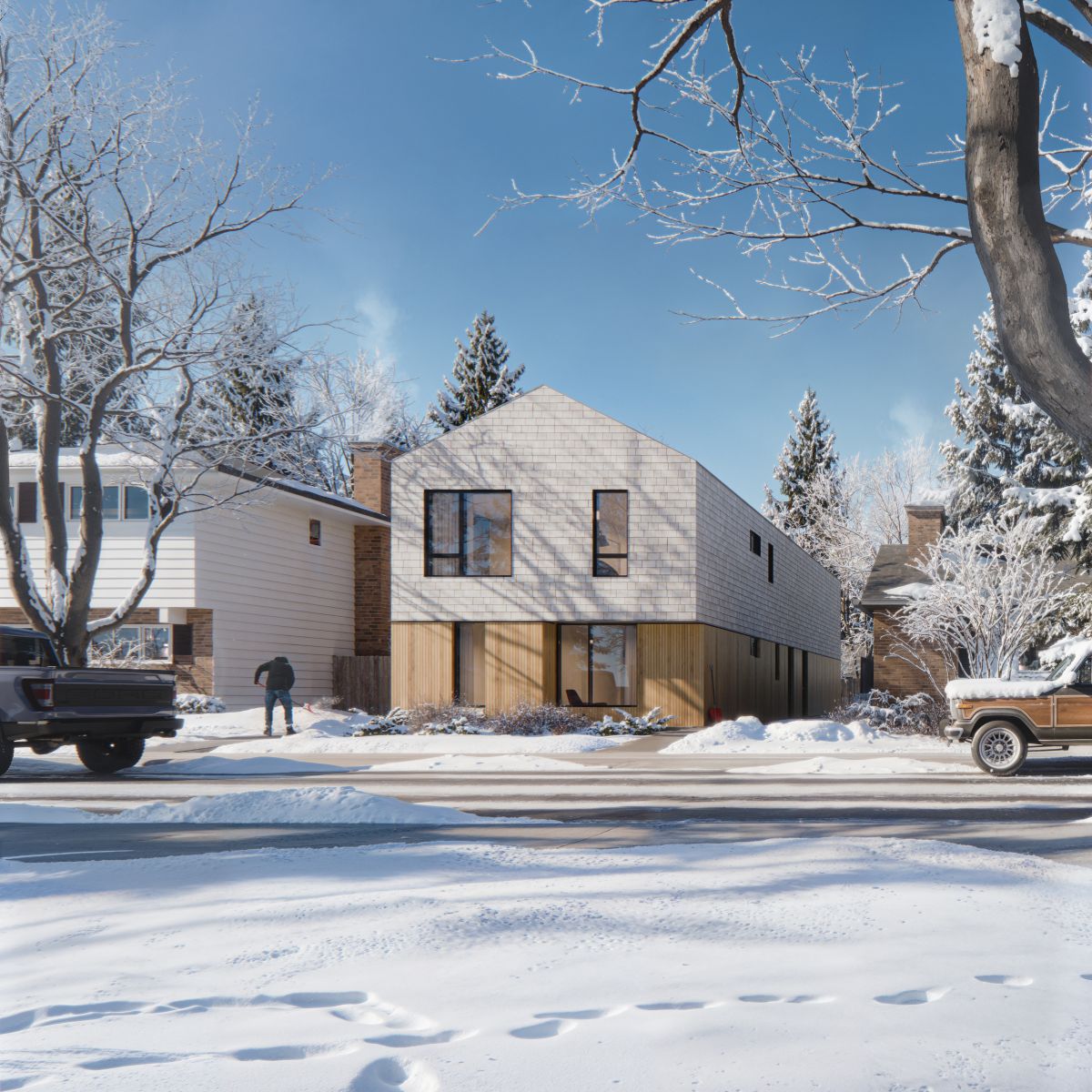 A 3D rendering of a rowhouse with shingles, wood finishes, and large windows. The ground is covered in snow, with trees and parked trucks in the background. 